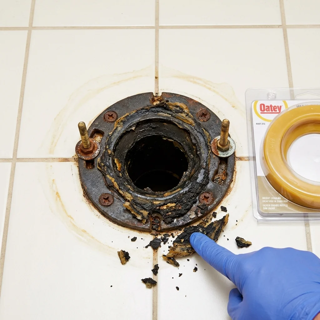 Failed wax ring showing water seepage at the base of a toilet in a Pacific, MO home